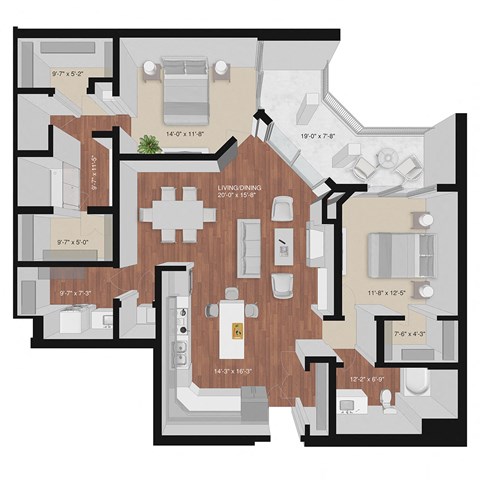 Floor plan for 2 beds, 2 baths, 1435 sqft